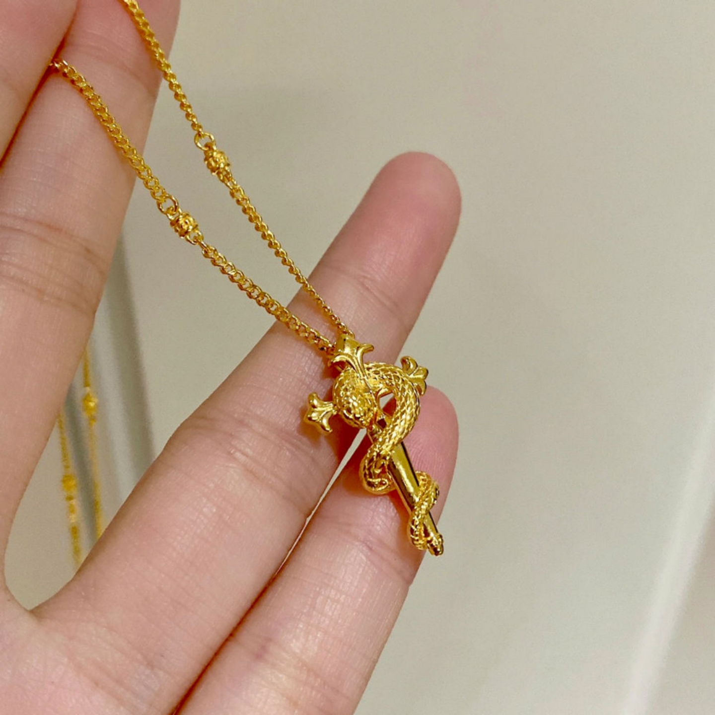 金色灵蛇权杖项链女925银镀金