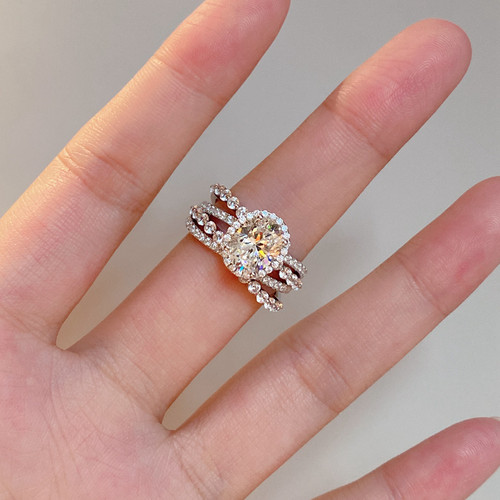 错落叠层2克拉蛋形满钻戒指女925