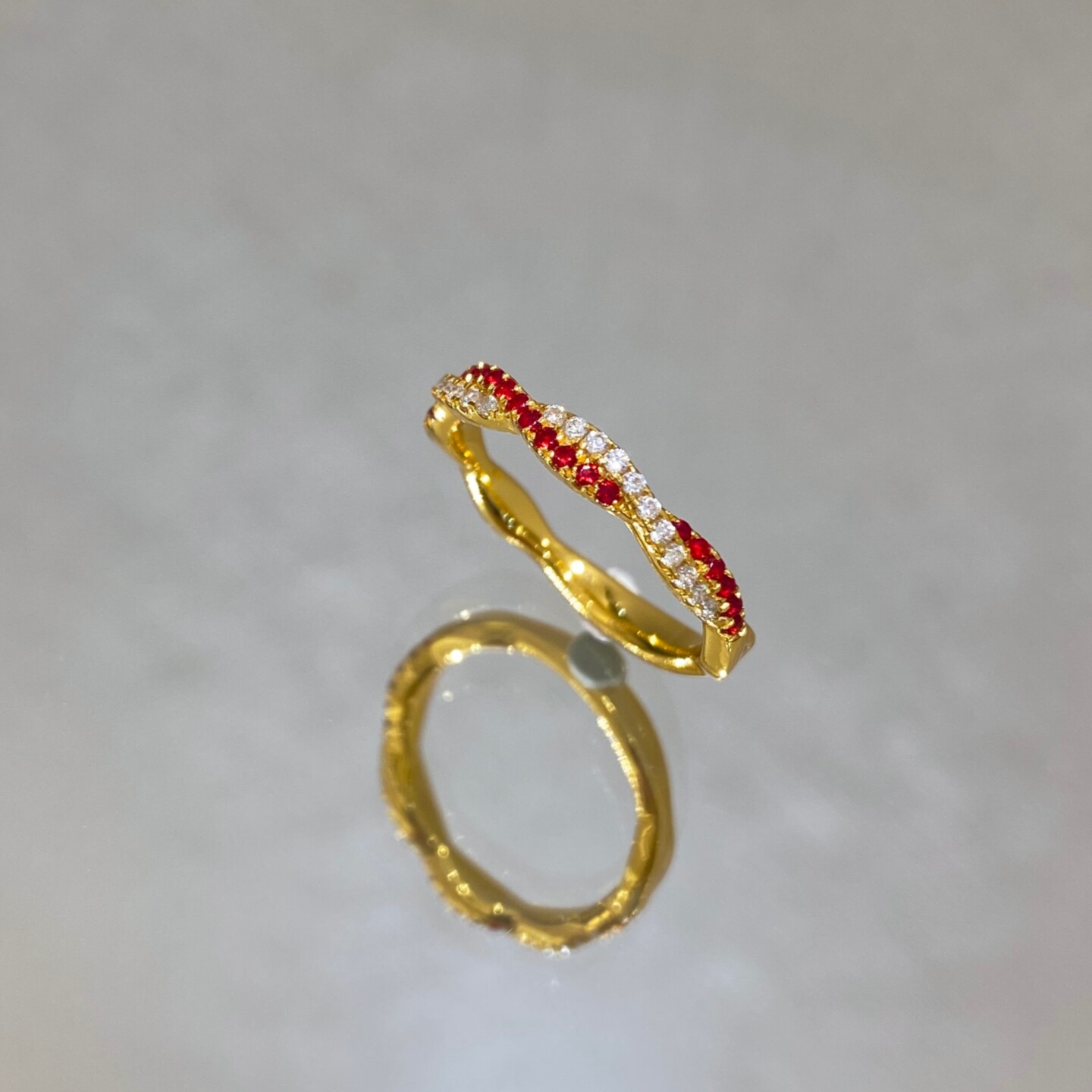 双色麻花|人工红宝石缠绕拼色排钻戒指女925银镀金精致新年红显白