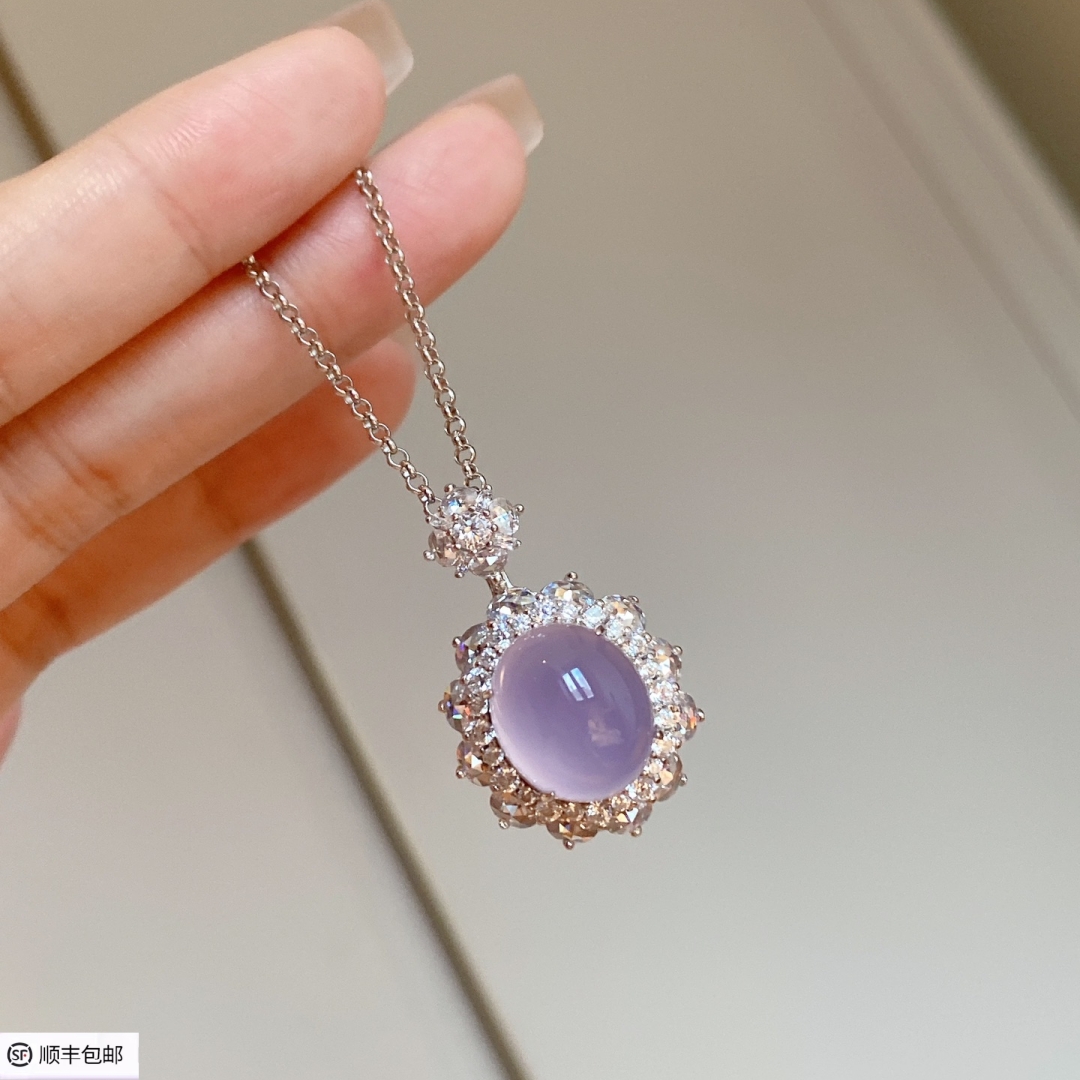 新中式天然紫色紫罗兰12*14m花形围镶紫玉髓吊坠项链女925纯银