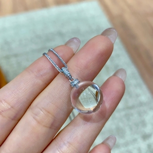 14mm天然3A白水晶球吊坠项链女925银清透纯净单颗圆珠灯泡diy配件
