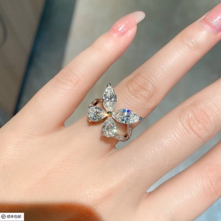 王炸轻奢款 食指蝴蝶钻戒微黄马眼梨形水滴戒指女925纯银镀18K白金