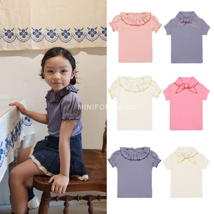 T恤舒适有机棉领巾花边领上衣女宝宝娃娃衫 儿童短袖 新款 24年夏季