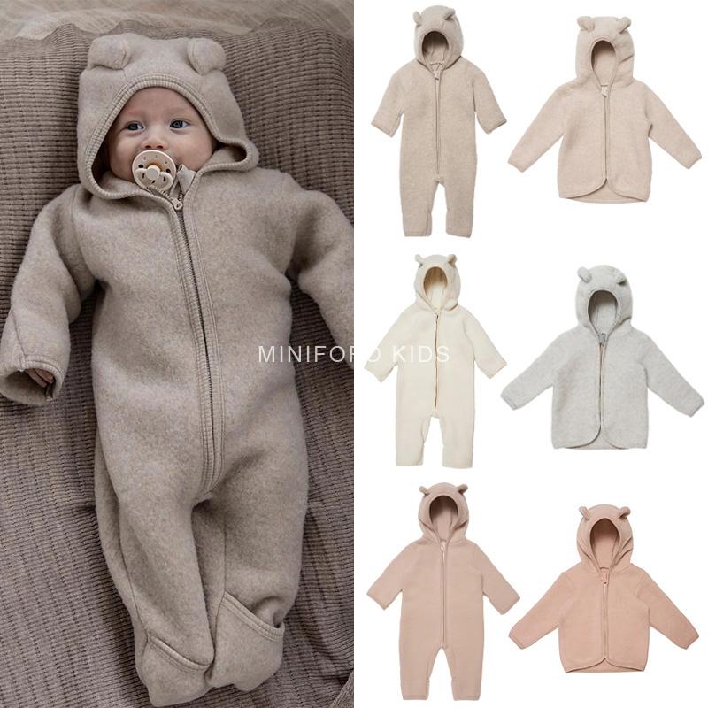 秋冬新款宝宝北欧ins风美利奴羊毛可爱熊耳朵连体衣爬服拉链外套