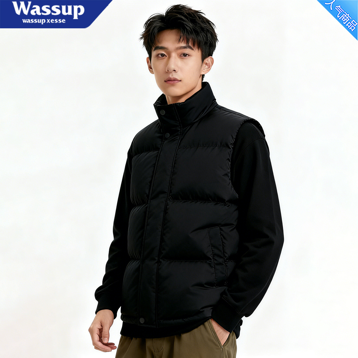 WASSUP冬季加绒加厚纯色棉服马甲
