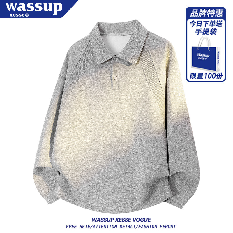 重磅美式polo领卫衣男女款春秋季竖纹肌理感翻领情侣长袖t恤外套