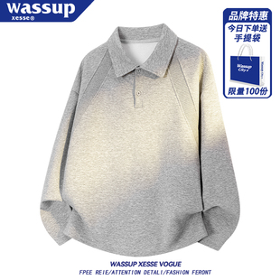 重磅美式polo领卫衣男女款春秋季竖纹肌理感翻领情侣长袖t恤外套