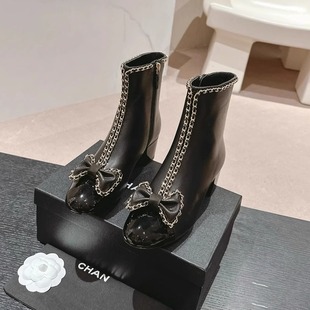 拼色粗跟圆头裸靴侧拉链短靴 小香风链条蝴蝶结女靴秋季 安妮家