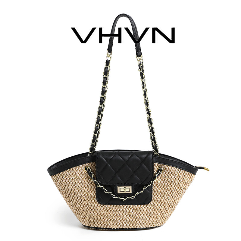 VHVN女包2026新款度假风菜篮子包海边手工拉菲草编织包黑色托特包
