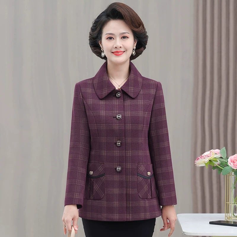 妈妈春装外套风衣洋气2025新款格子小西装中老年人女装春秋季上衣