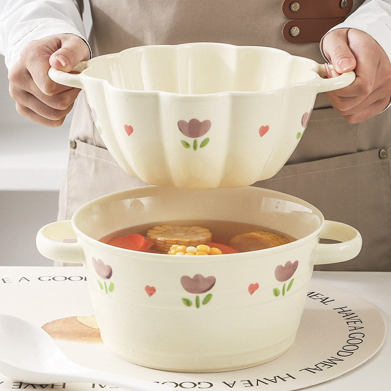 奶油风双耳汤碗大号家用2025新款高颜值陶瓷泡面碗螺蛳粉碗盛汤盆,餐饮具,碗,淘宝优惠券,粉丝福利购,淘宝优惠卷