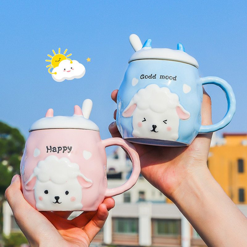 高颜值马克杯带盖勺可爱女生情侣款一对家用创意陶瓷咖啡喝水杯子