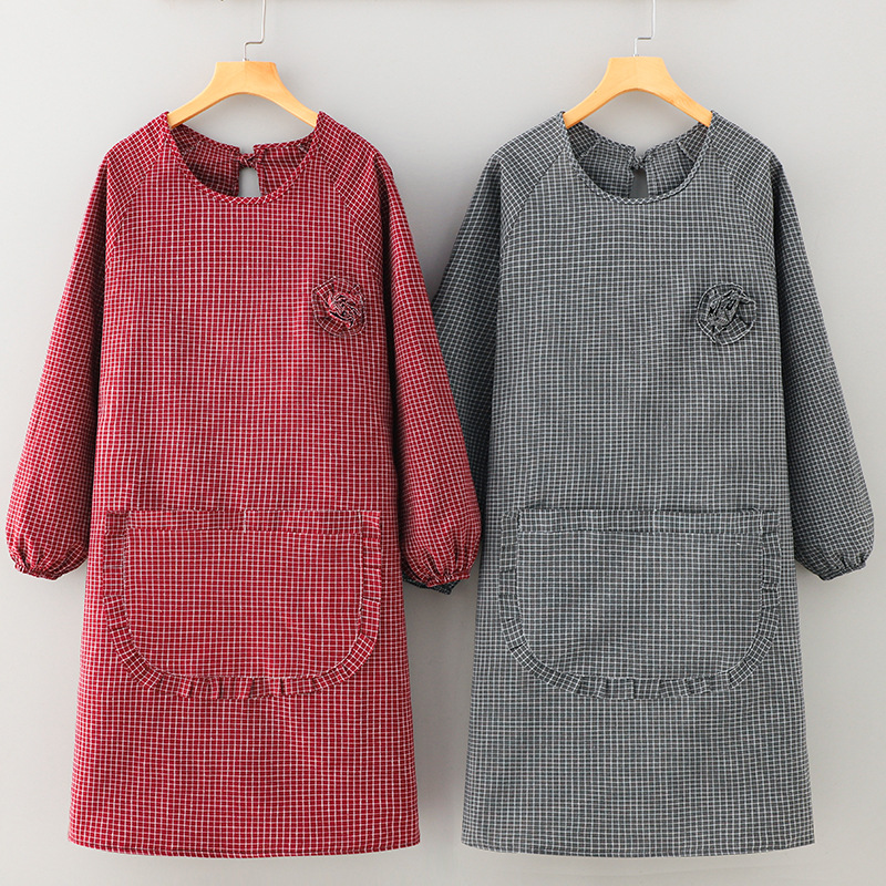 新款双层棉布围裙厨房家用长袖女士外穿防油防水罩衣宽松工作服男