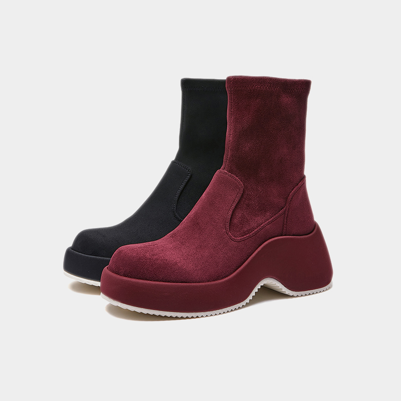 运动欧洲站弹力靴圆头瘦瘦靴时装靴女鞋酷飒厚底潮流高跟拼接复古