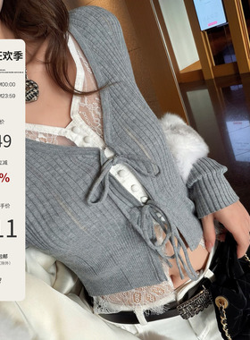 Mas Mash 波斯蜜语 假两件蕾丝拼接系带开衫内搭针织上衣冬