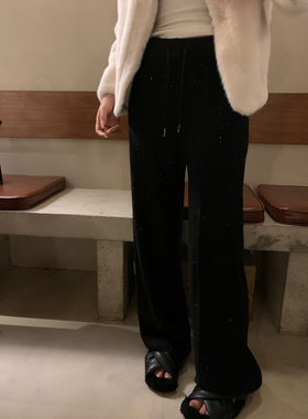 Mas Mash设计感亮片抽绳针织休闲裤女秋冬新款宽松阔腿裤百搭裤子