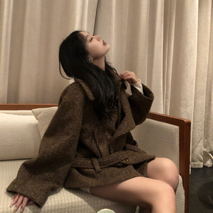 Mas 金敏喜大衣2.0双色定染圈圈羊毛毛呢外套女秋冬腰带外套 Mash