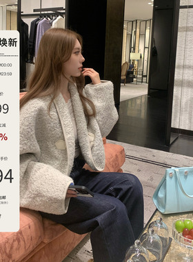 Mas Mash 玛奇朵之吻 短款落肩牛角扣羊毛毛呢外套女小众宽松上衣