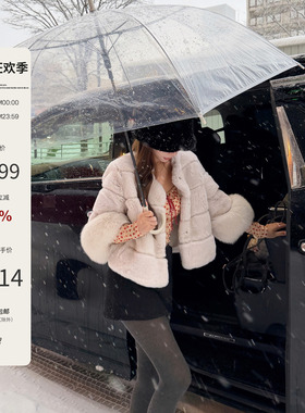 Mas Mash 白霜落雪 进口獭兔毛皮草袖狐狸毛外套皮毛一体上衣冬季