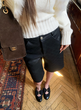 Mas Mash 漫步者 直筒菱格纹皮中裤女宽松廓形显瘦五分裤时尚百搭