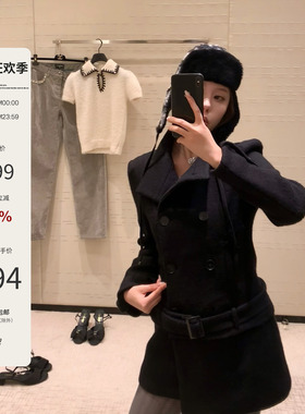 Mas Mash 100羊毛呢可拆卸半裙两穿双排扣大衣女秋冬修身显瘦外套