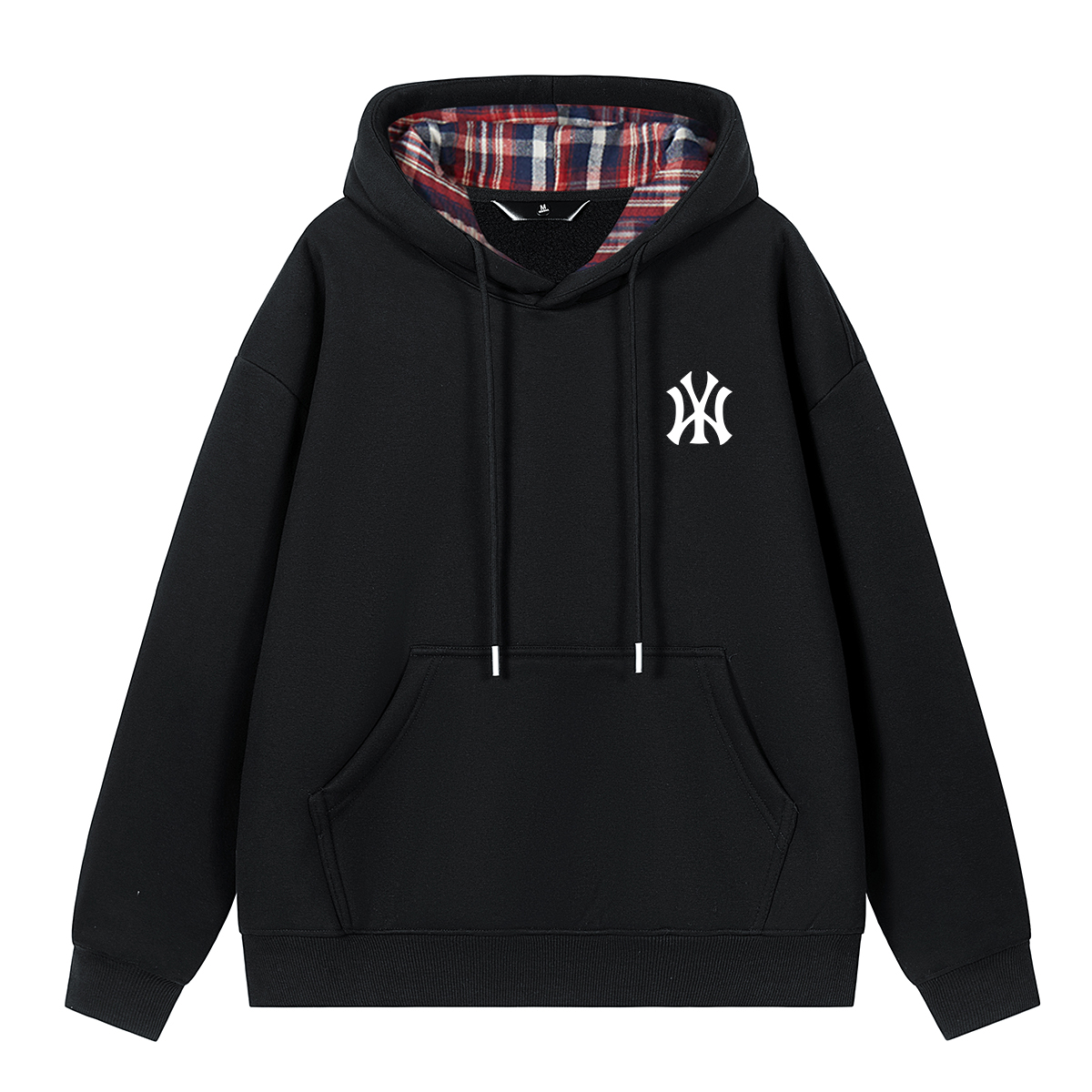 奥特莱斯秋冬季加绒加厚连帽卫衣男女情侣款格子拼接休闲长袖潮牌