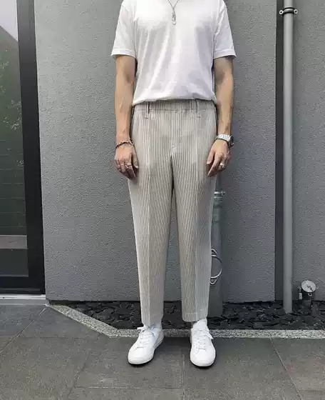 Pleated Pants for Home Wear, Japanese Style, Summer Trendy, Thin, Loose, Drawstring, Casual, Plus Size, Cropped Pants for Men Jf159