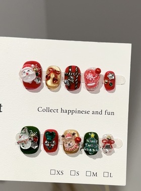 纯手工穿戴甲高级感圣诞节红绿色美甲片欧美风铃铛重工假指甲贴片