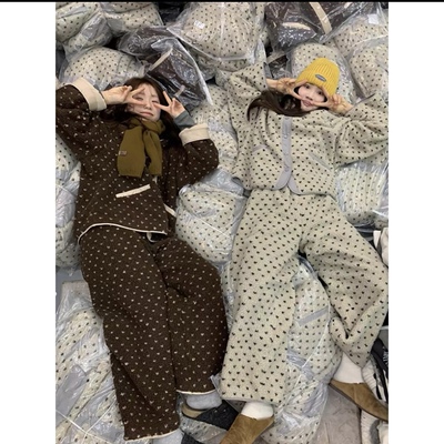 法式复古波点米粒绒睡衣女冬季新款加绒加厚保暖家居服套装可外穿