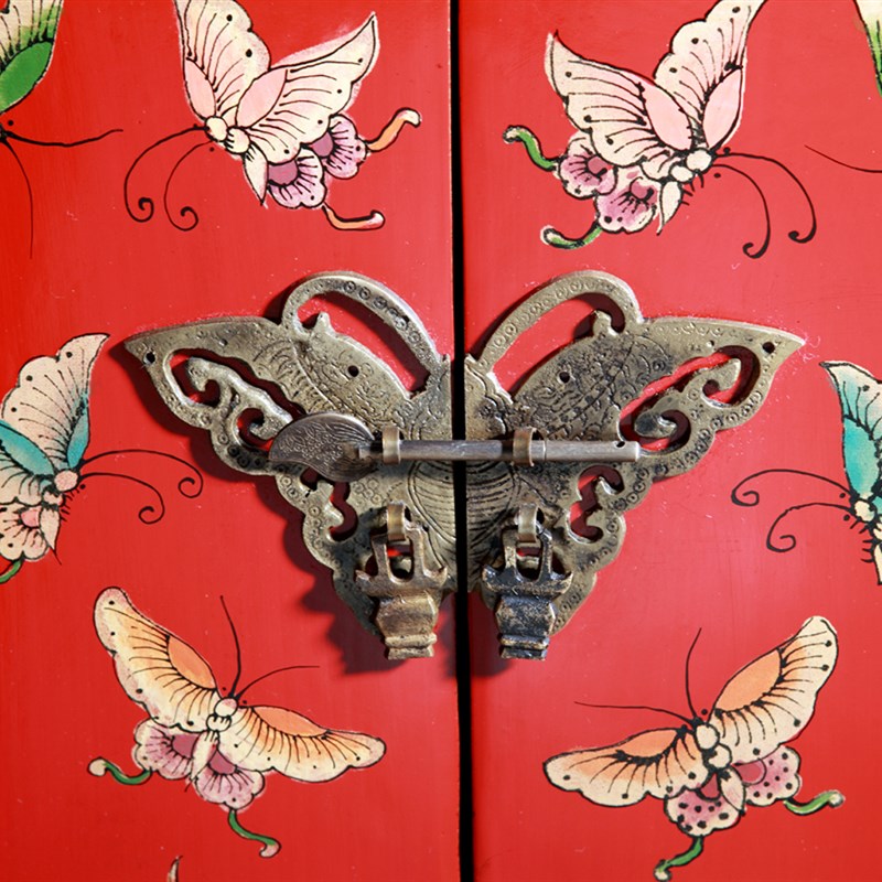 红色彩绘实木床头柜田园 蝴蝶花储物收纳家具 中式简约榆木边角柜