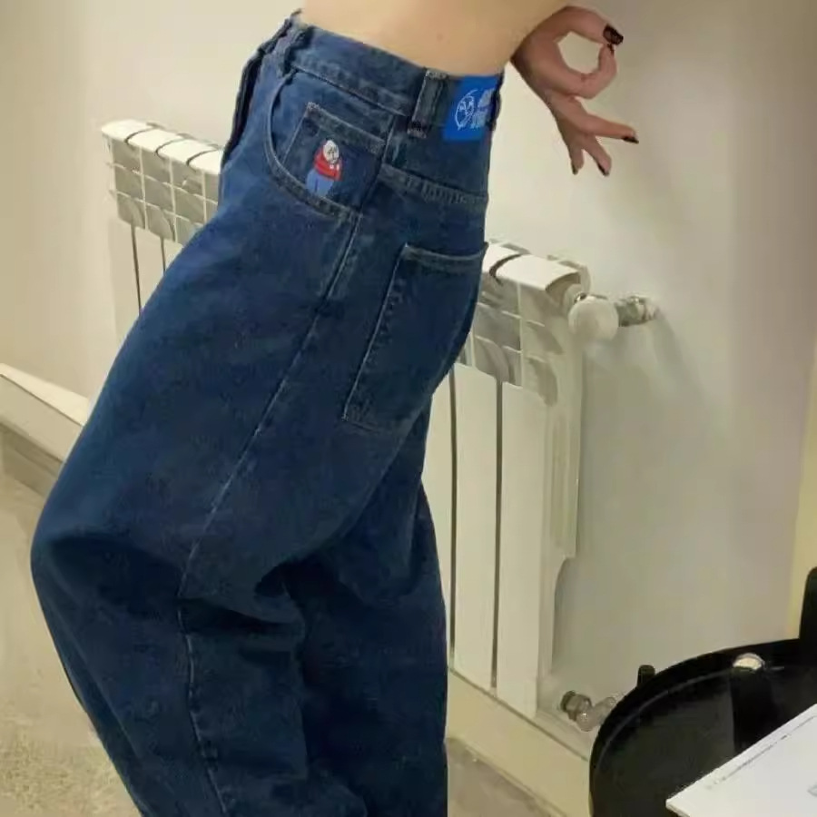 大男孩宽松牛仔裤Y2K牛仔裤中腰懒散卡通图形刺绣牛仔裤街头裤子