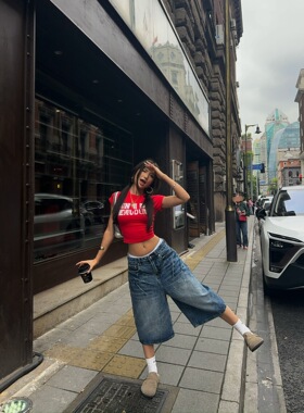 KKSHOP美式高街闪电纹水洗做旧宽松设计直筒阔腿坠感七分牛仔裤潮