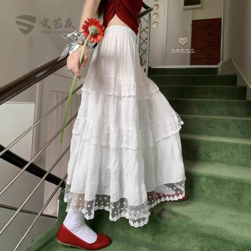 法式蕾丝花边春夏半身裙春季新款高腰甜美显瘦长裙设计白色蛋糕裙