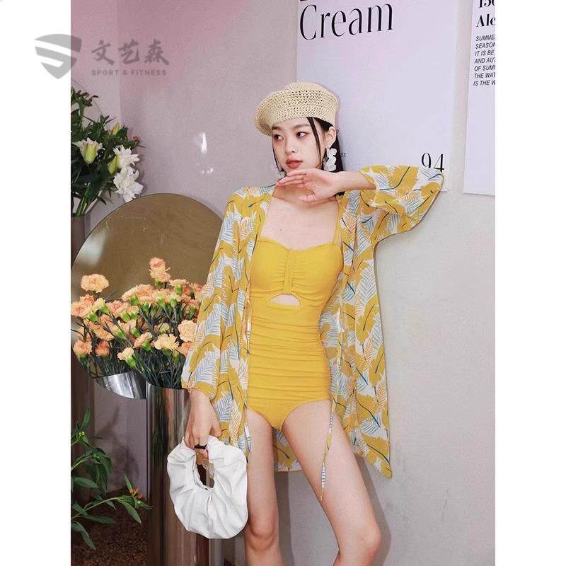 刘亦菲同款黄色镂空连体泳衣女