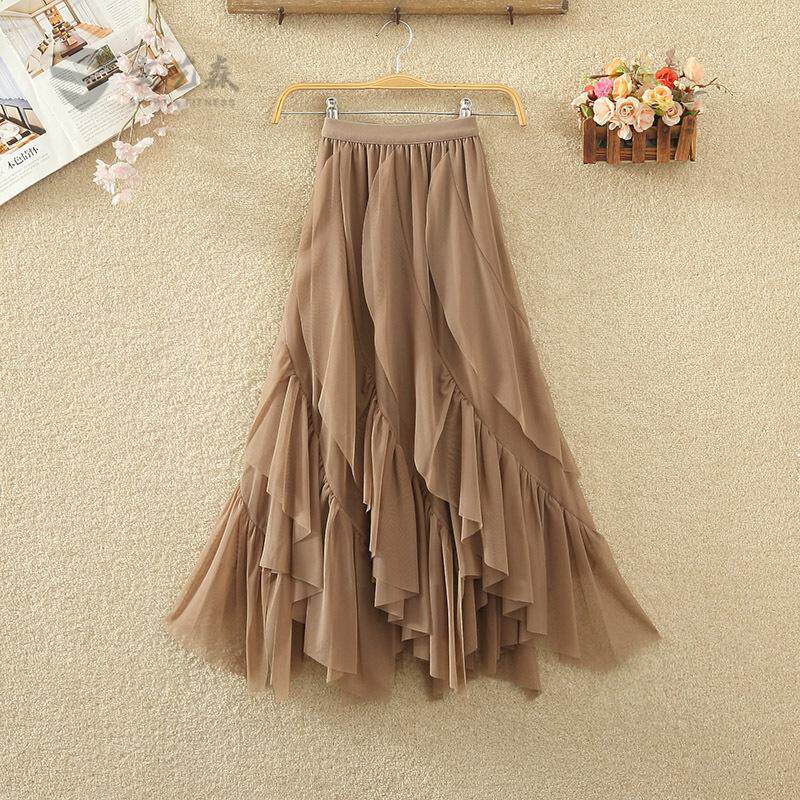 不规则荷叶边纱裙半身裙女春秋新款高腰裙子半裙长裙大裙摆显瘦