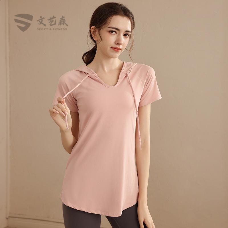 宽松显瘦遮臀中长款运动短袖T恤女专业速干连帽健身服T恤瑜伽罩衫