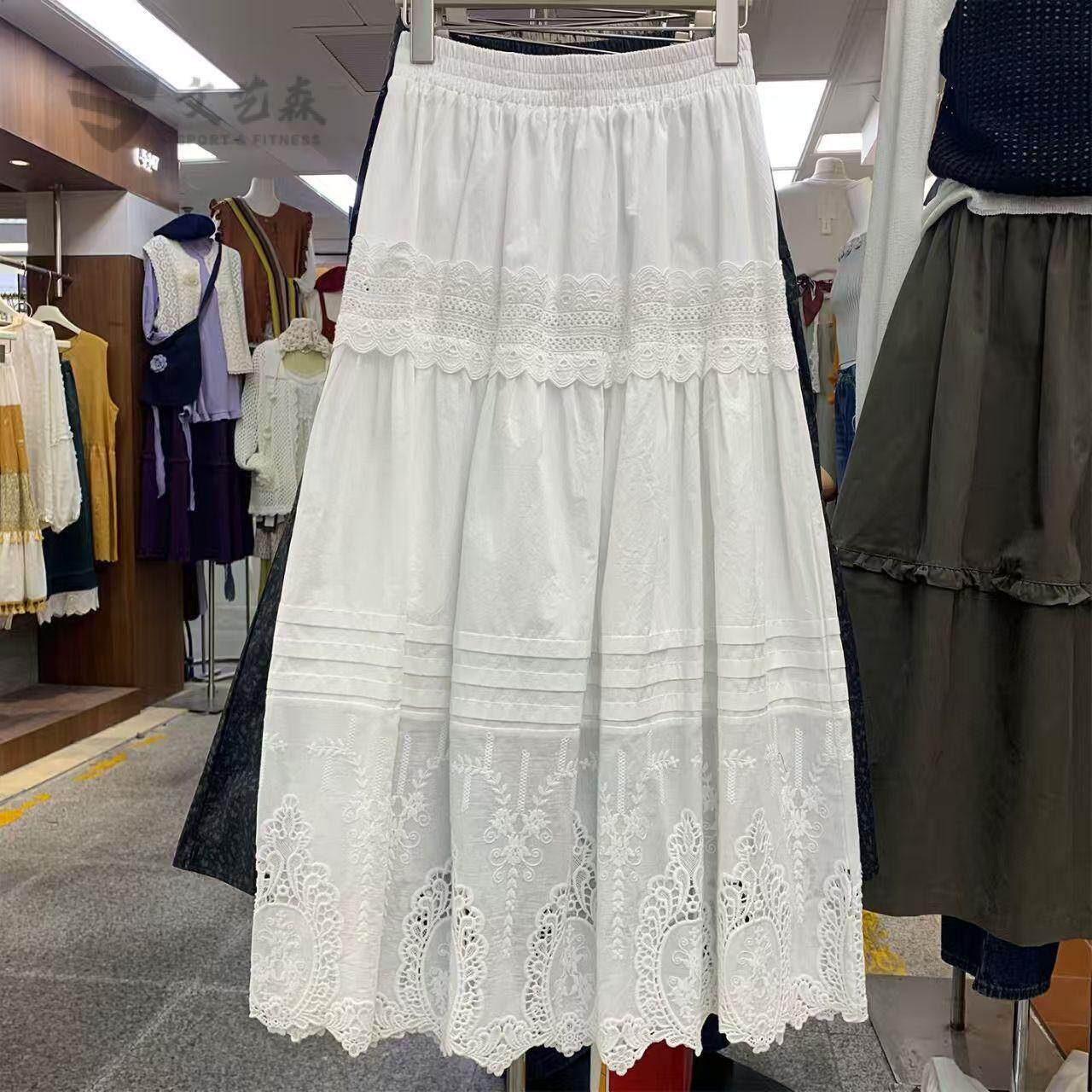 法式甜美重工精致刺绣花边白色半身裙女春季拼接小众设计感百褶裙