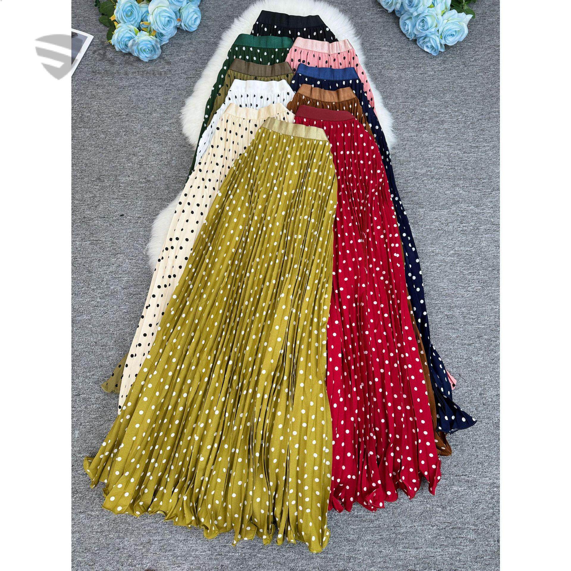 95m夏季南非北美波点半身裙经典百搭显瘦百褶裙长款裙子女