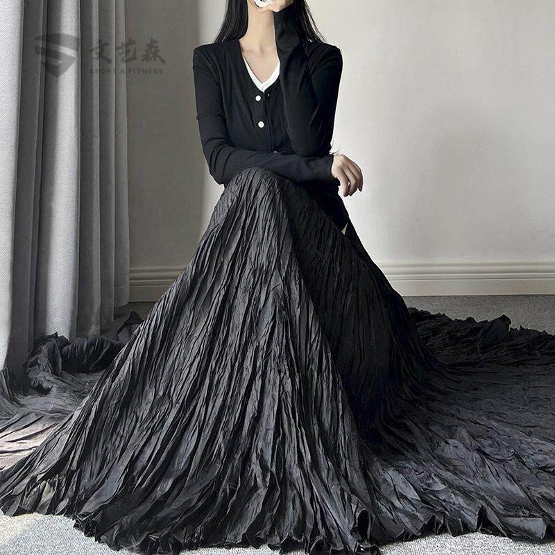 褶皱气质高腰百搭显瘦半身长裙女720度大摆裙90m超长款拖地长裙