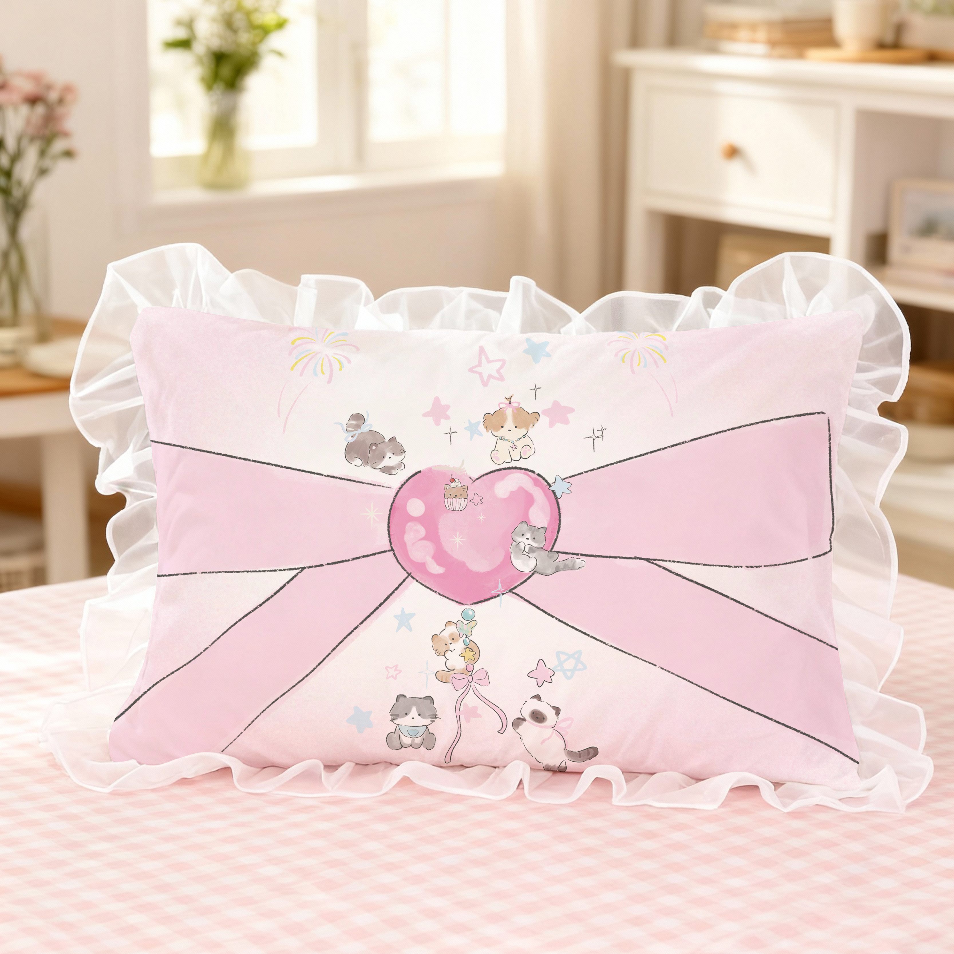 卡通小猫花边全棉枕套可爱猫咪女生寝室学生宿舍单人纯棉枕头套