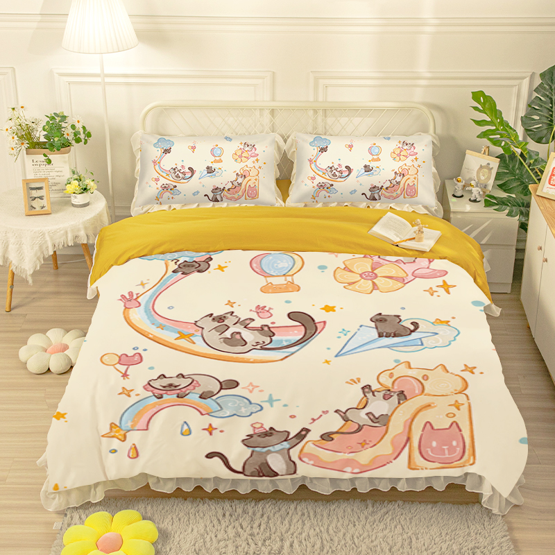 一条喵卡通花边全棉四件套可爱猫咪纯棉三件套女生寝室学生单被套