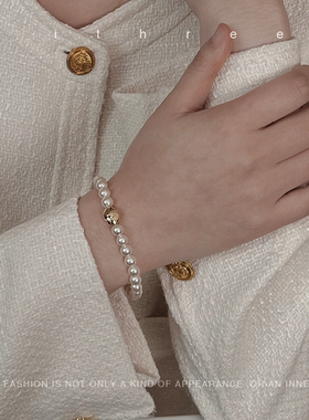 ithree 法式正圆施家珍珠金豆手链自制精致简约百搭时尚博主礼物