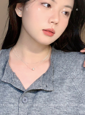 ithree 强光淡水珍珠双层锁骨链女自制纯银气质小众百搭项链配饰