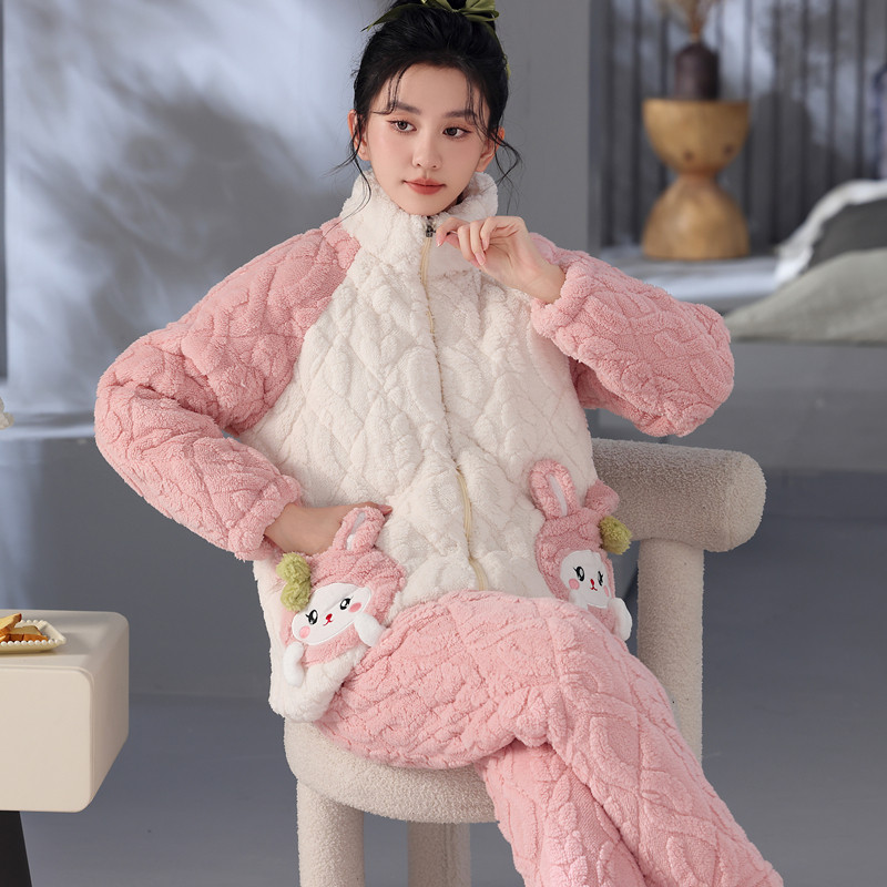 睡衣女士冬季珊瑚绒夹棉三层加厚加绒加肥加大码男冬天家居服套装