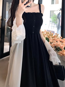 大码女装胖mm夏季法式高腰显瘦吊带连衣裙子两件套遮肉洋气套装裙