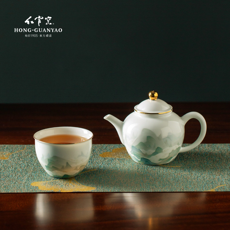 红官窑功夫茶具套组茶杯高白玉瓷手绘主人杯陶瓷醴陵瓷器千里江山