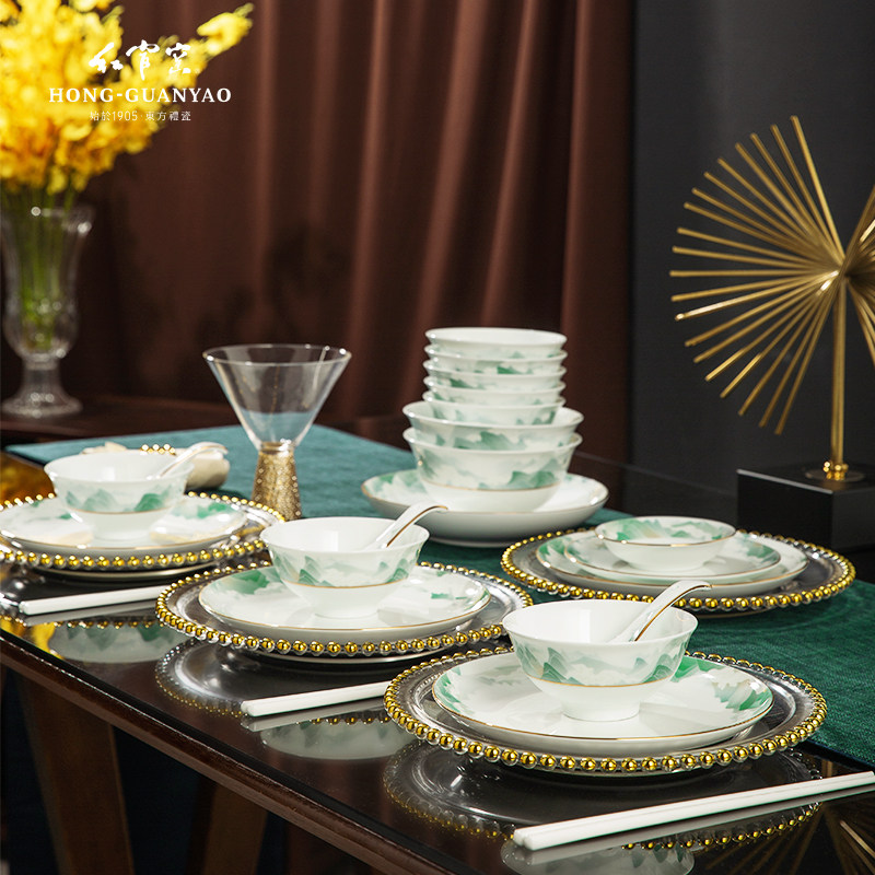 红官窑醴陵陶瓷餐具轻奢新款家用高级感乔迁送礼碗碟套装千里江山