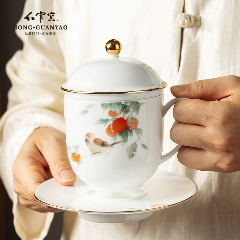 红官窑醴陵手绘釉下彩陶瓷茶杯主人杯办公杯茶具泡茶送礼灼灼其华