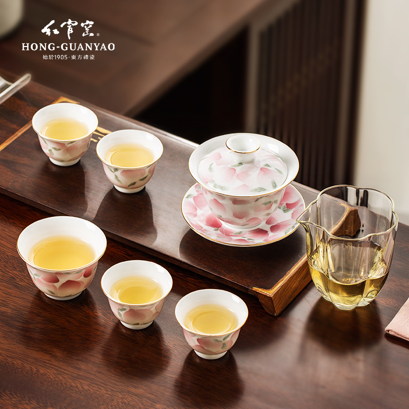 红官窑醴陵陶瓷盖碗茶杯套装家用中式高档送礼手绘茶具套装 桃喜