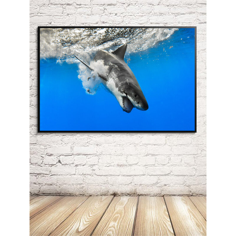 大白鲨海报 海洋动物鱼类儿童房客厅简约家居高端相框装饰挂贴画